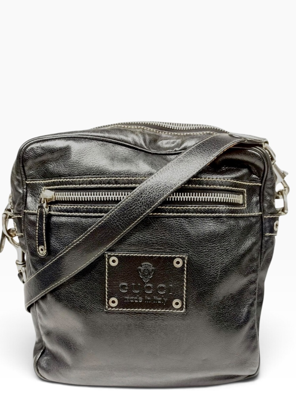 Gucci Black Leather Crossbody Messenger Bag Adjustable Strap Silver Hardware